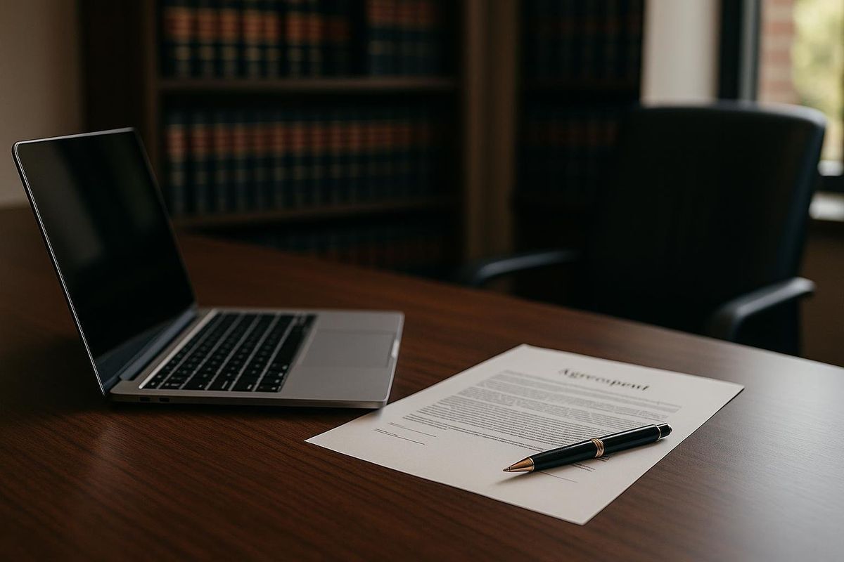 Modern law office desk with laptop and legal documents