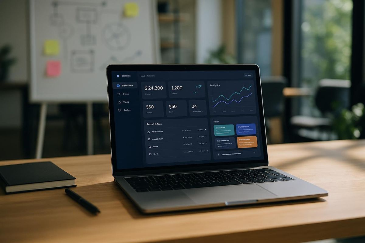 Modern office with laptop displaying web application