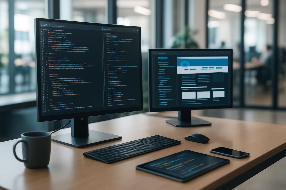 Modern office with tech setup and web development screens